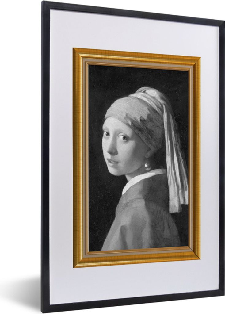 MuchoWow Gerahmtes Poster Mädchen mit einem Perlenohrring - Vermeer - Liste - Gold 40x60 cm - Poster mit Schwarzem Bilderrahmen Wandposter Rahme...