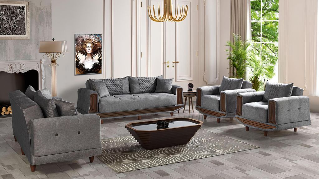 Sofagarnitur 3+2+1+1 Sitzer Textil Holz Sofa 3 Sitzer Modern Sessel Komplett Set