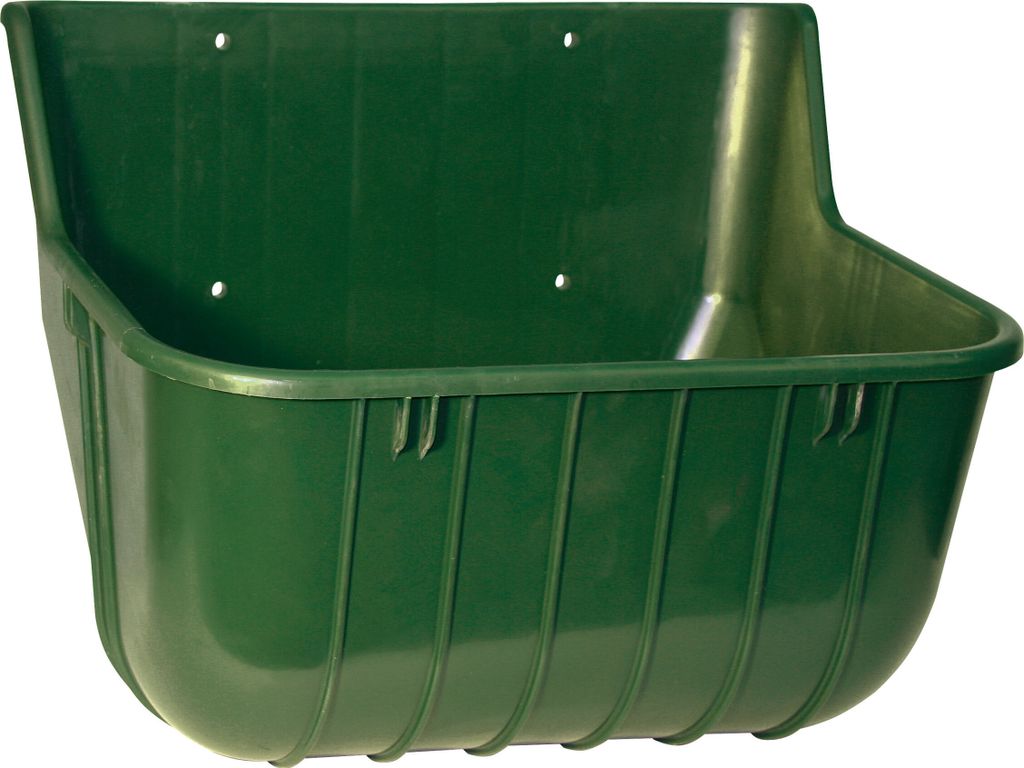 A green plastic trough for feeding animals.