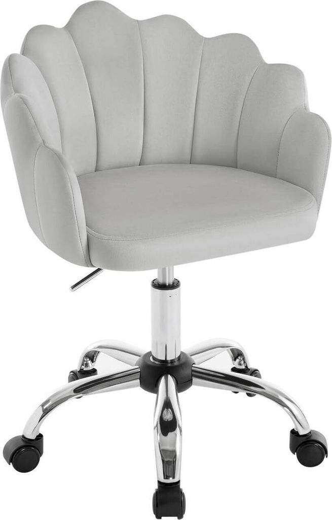 A light gray velvet office chair with a shell-shaped backrest and a chrome base with wheels, shown from a front-side angle against a white background.