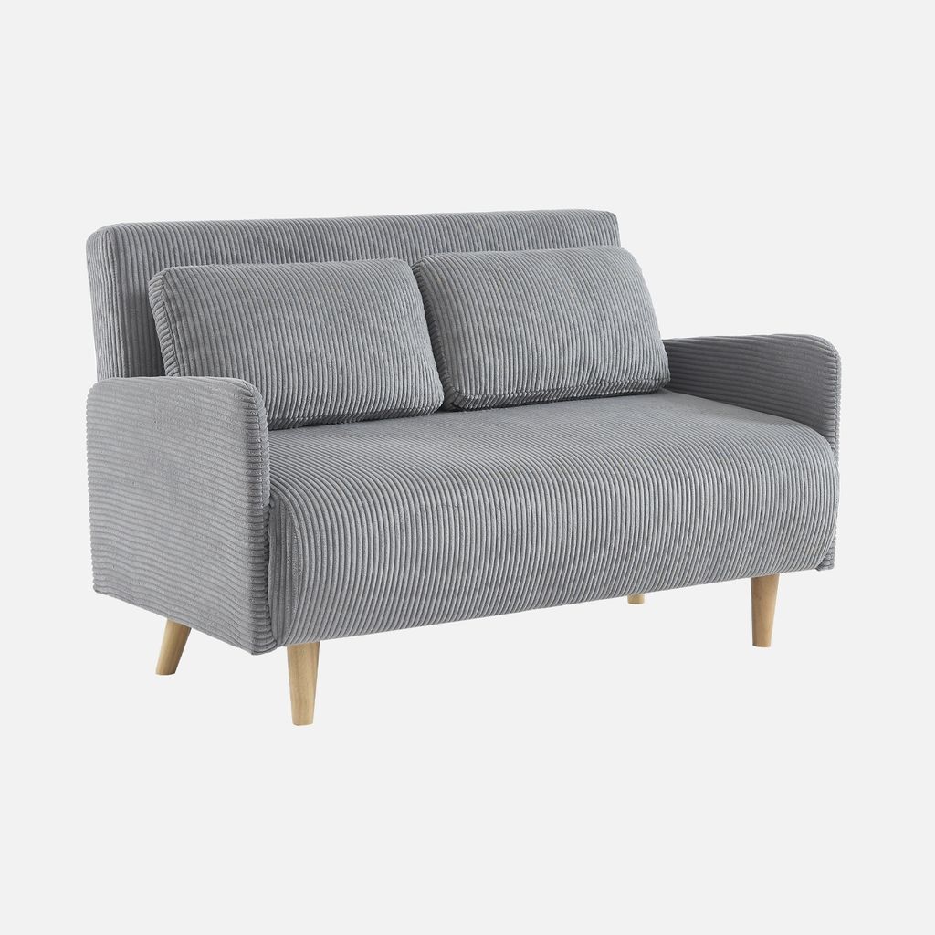 A light gray corduroy sofa with two cushions and wooden legs, presented against a plain light gray background.