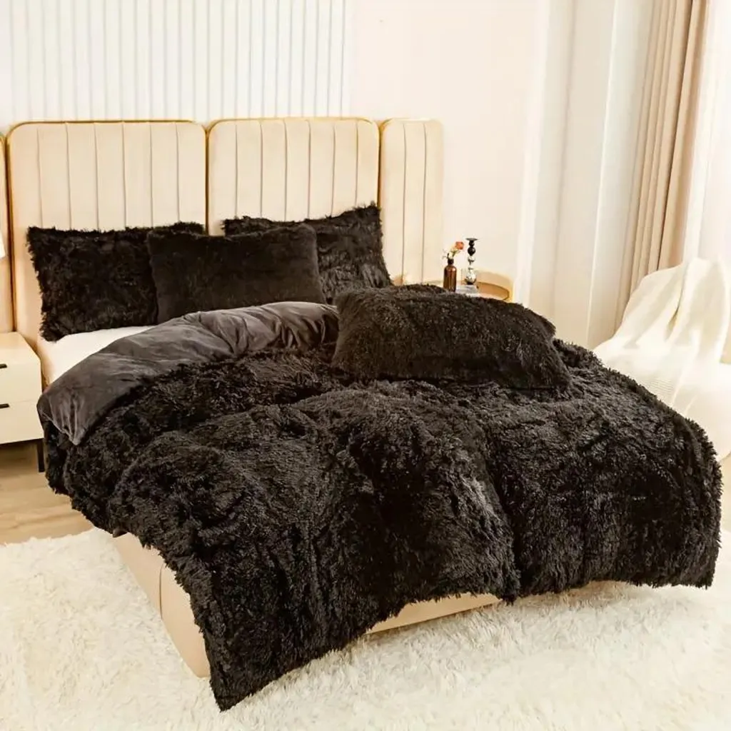 Set Copripiumino Queen Size In Finta Pelliccia Pelo Lungo 3 Pezzi – Caffè Sfumato – Morbido, Lussuoso, Sfoderabile (1 Copripiumino + 2 Federe)