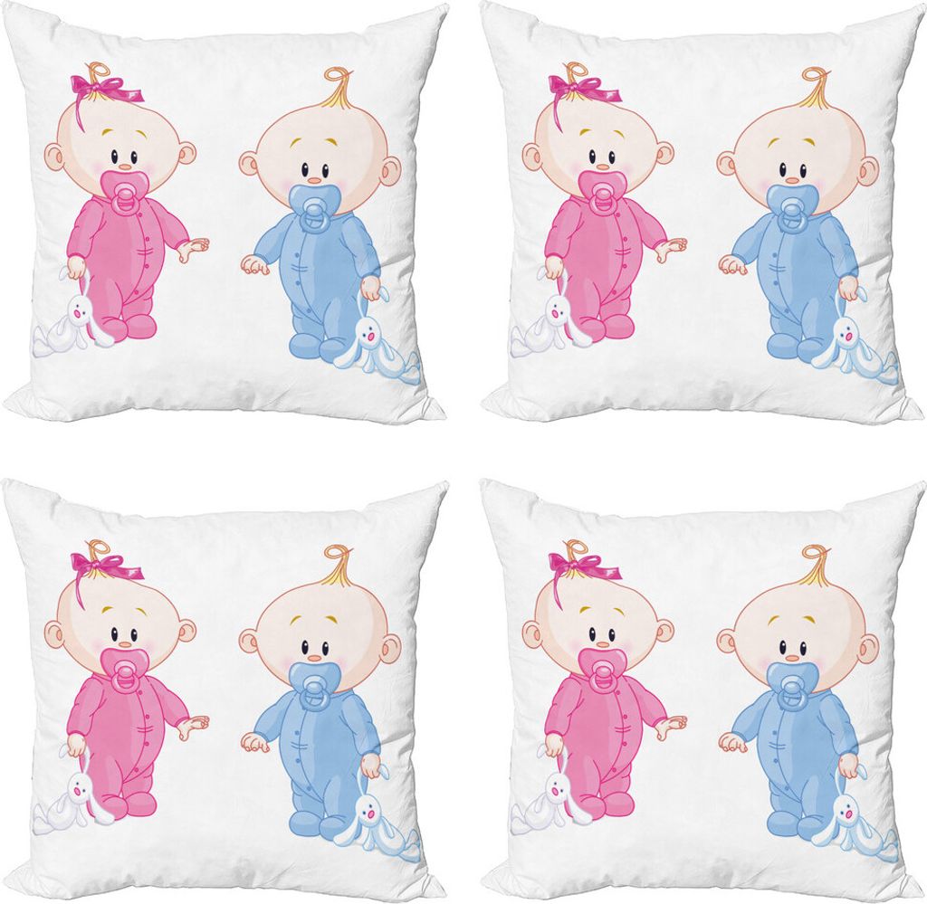 ABAKUHAUS Geschlecht decken Kissenbezug Set (4 Stück), Jungen-Mädchen-Häschen, Moderner Doppelseitiger Digitaldruck, 60 cm x 60 cm, Hellblau und...
