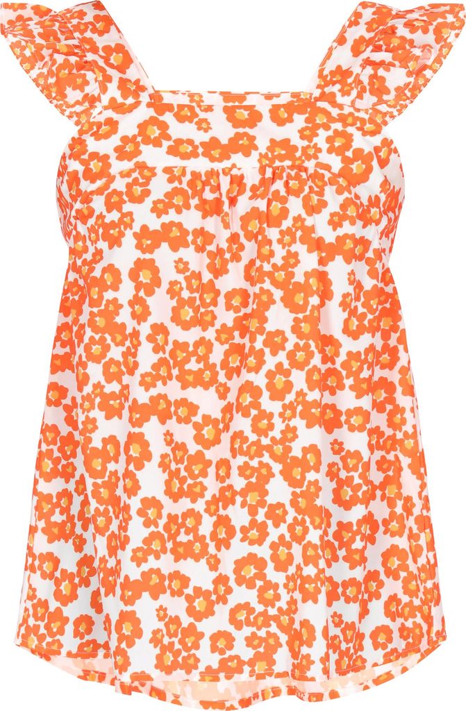 Damen Top orange Größe L im Boho-Stil mit Blumenmuster, Rüschen und zarten Trägern