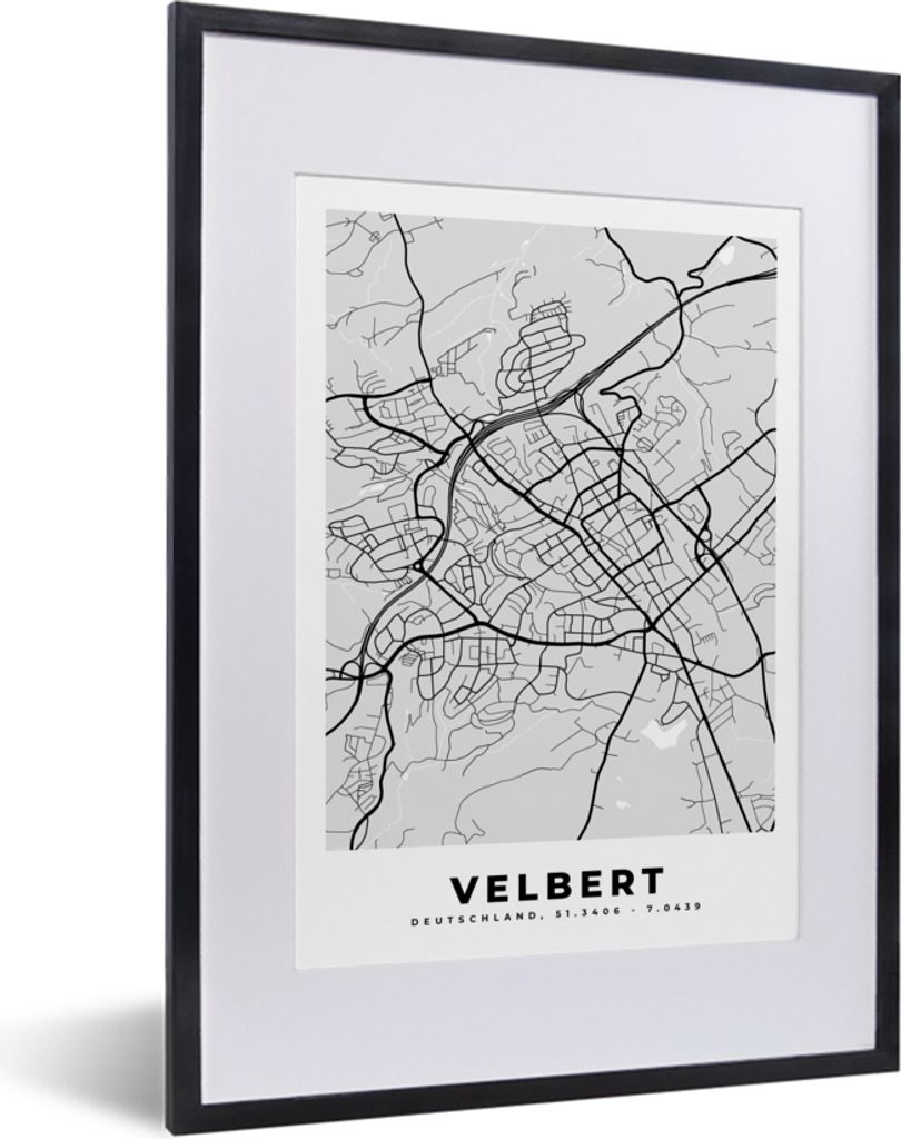 MuchoWow Gerahmtes Poster Karte - Velbert - Karte - Deutschland 30x40 cm - Poster mit Schwarzem Bilderrahmen Wandposter Rahmen Foto Bilder - Wand...