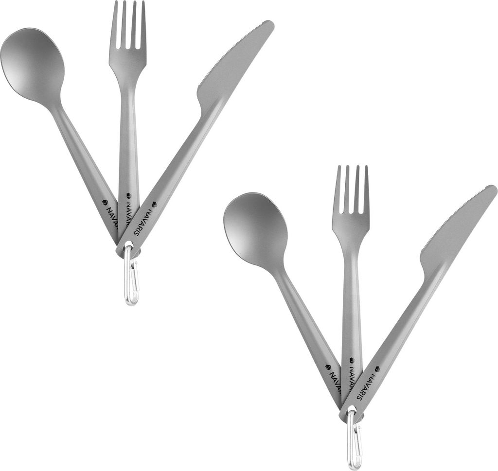 Navaris 2x Titan Camping Besteck 3tlg. - Outdoor Messer Gabel Löffel inkl. Tasche - Ultraleichte 3in1 Essbesteck Kombi - 2er Set Reisebesteck Set in