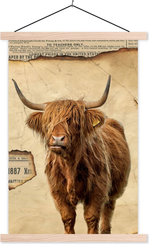 MuchoWow Textilposter Schottisches Hochlandrind - Vintage - Pergament 40x60 cm mit holzfarbenen Rahmen - Poster