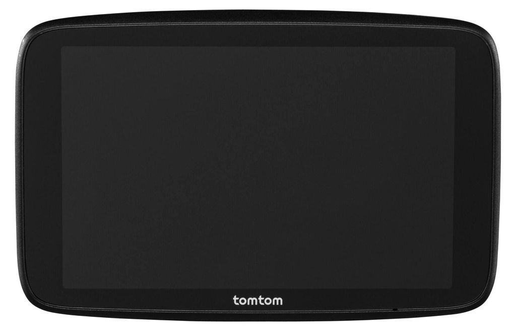 A black TomTom navigation device is shown from the front.