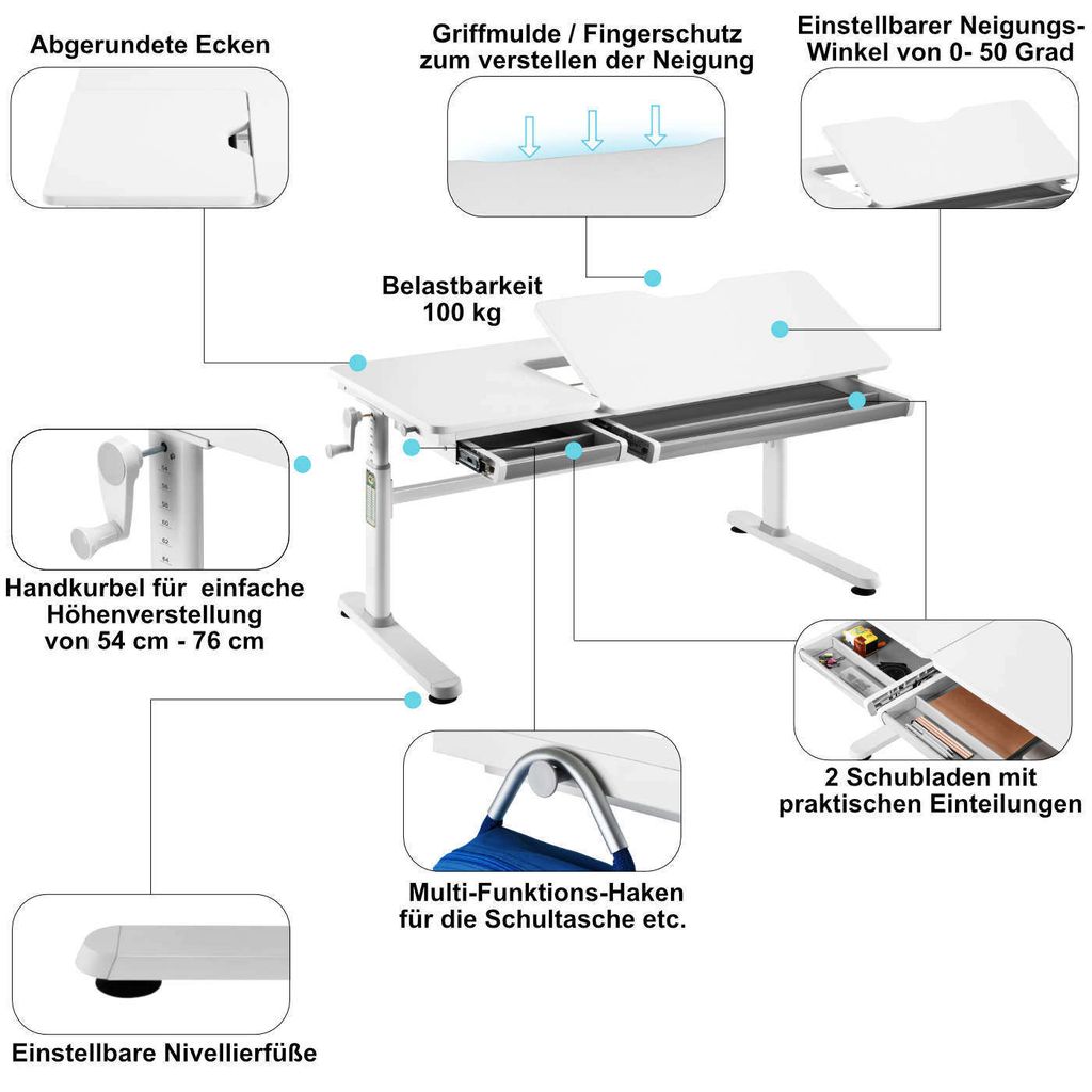 HOKO Kinderschreibtisch höhenverstellbar 54-76 cm, Produktbild 2