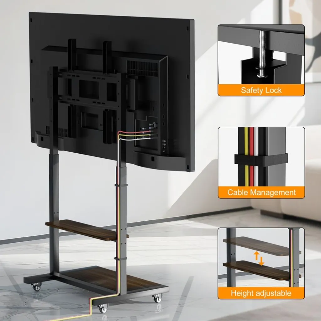 Meuble support TV sur pied réglable avec double tablette noire Série V