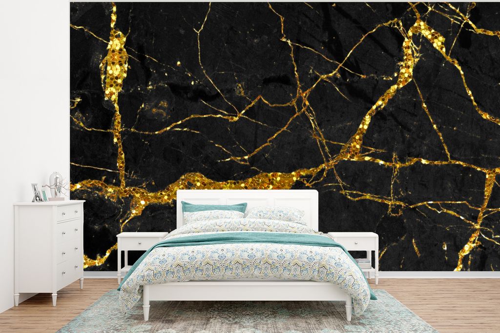 MuchoWow Fototapete für Wohnzimmer oder Schlafzimmer Wandtapete Vinyl Motivtapete Marmor - Gold - Schwarz - Marmoroptik - Luxe - Glitzer - 400x3...
