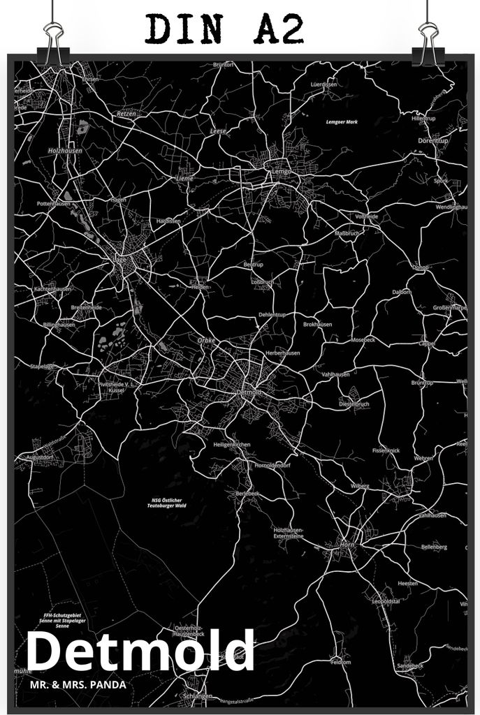 Mr. & Mrs. Panda Bild Detmold DIN A2 - Geschenk, wanddeko, drucke, Stadt Dorf Karte Landkarte Map Stadtplan, Wanddekoration, Wandbild, typografie p...