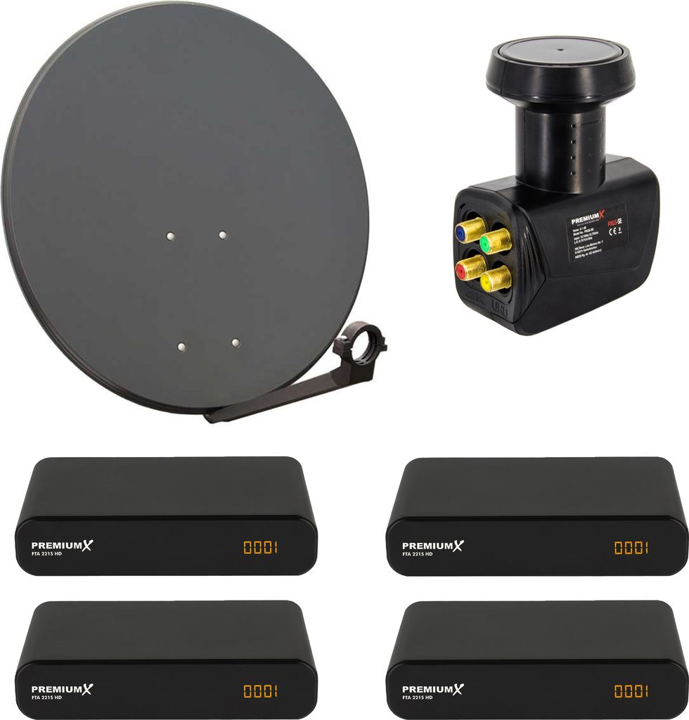 PremiumX SAT Anlage 4 Teilnehmer 80cm Antenne Quad LNB 4x Receiver