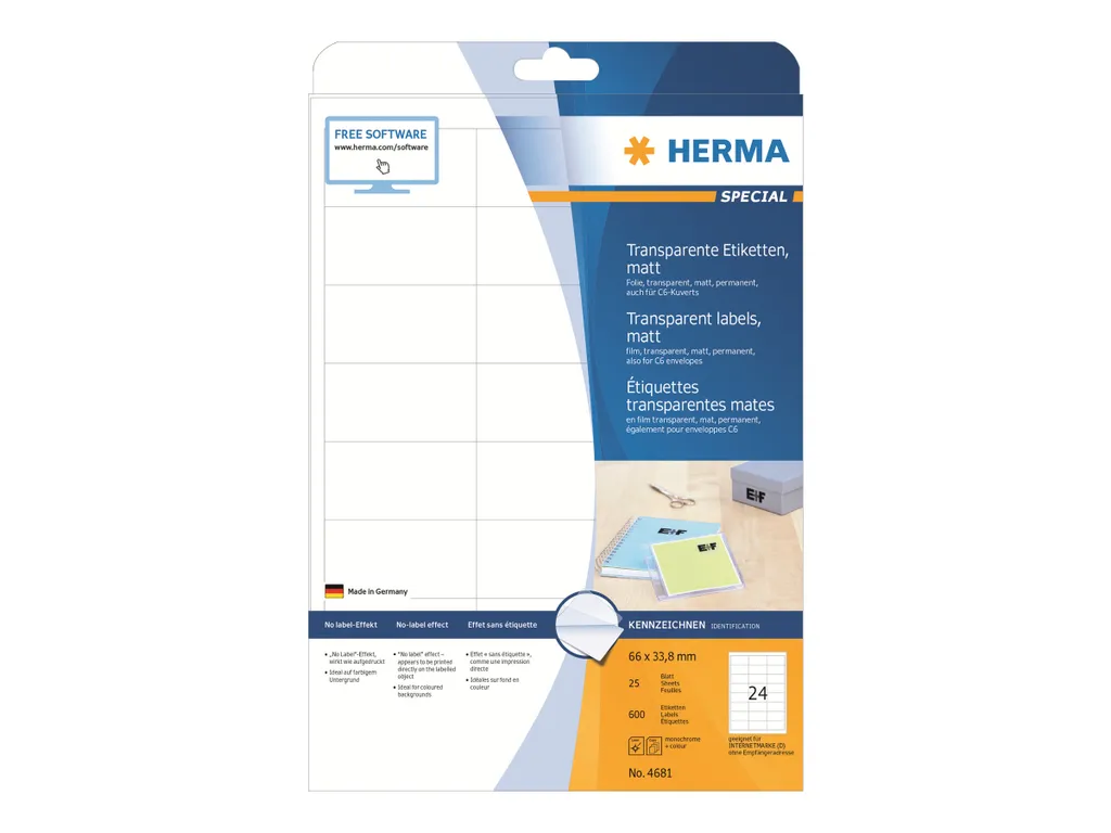 HERMA 4681 Etichette Trasparenti Opache 66x33.8mm A4 - 600 Pezzi