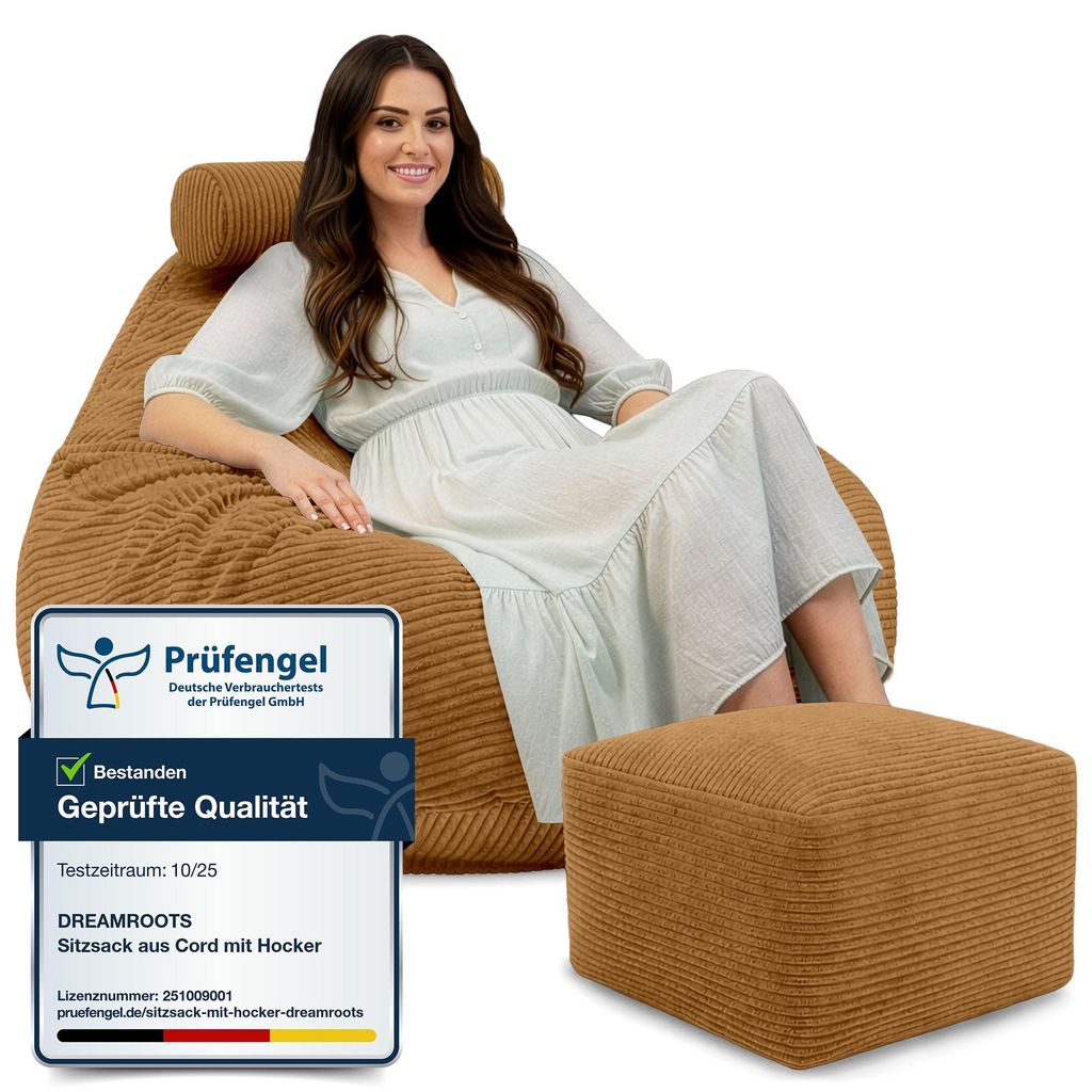 Dreamroots, Sitzsack, gefüllter Sack 90x90x100 cm, Sitzsack mit Fußstütze, Sitzsack mit Rückenlehne und Bezug, Sugar Cookie
