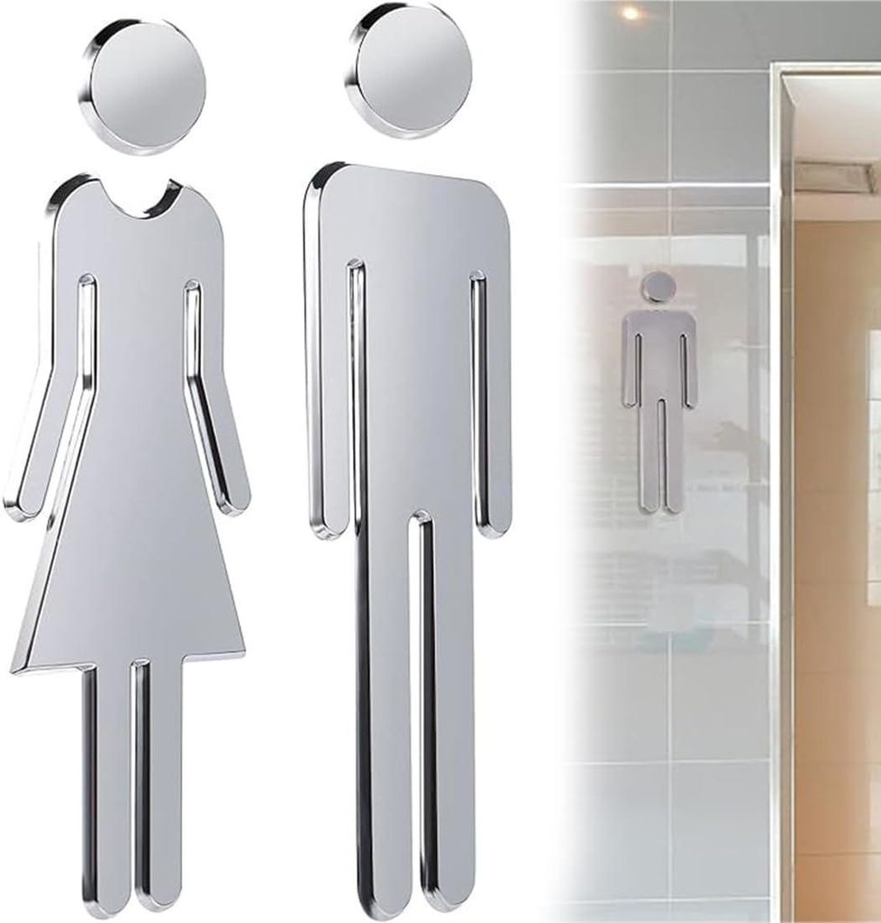 2 Stück WC-Schilder Badezimmer Tür – Toilettenaufkleber Herren Damen – Silber (20 cm) – Badezimmerzubehör