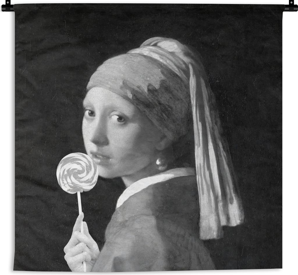 MuchoWow Wandteppich Wandbehang Das Mädchen mit dem Perlenohrring - Johannes Vermeer - Schwarz und weiß 150x150 cm Tapisserie Dekoration Wandtu...
