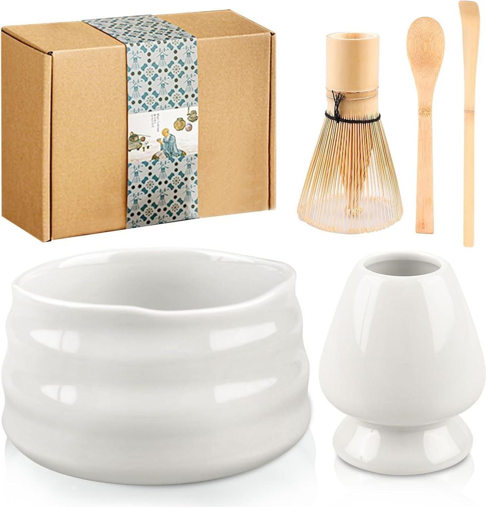 Matcha-Whisk-Set mit Schüssel, Ausgießöffnung und Halter für die traditionelle Zubereitung von Matcha-Tee (Weiß)