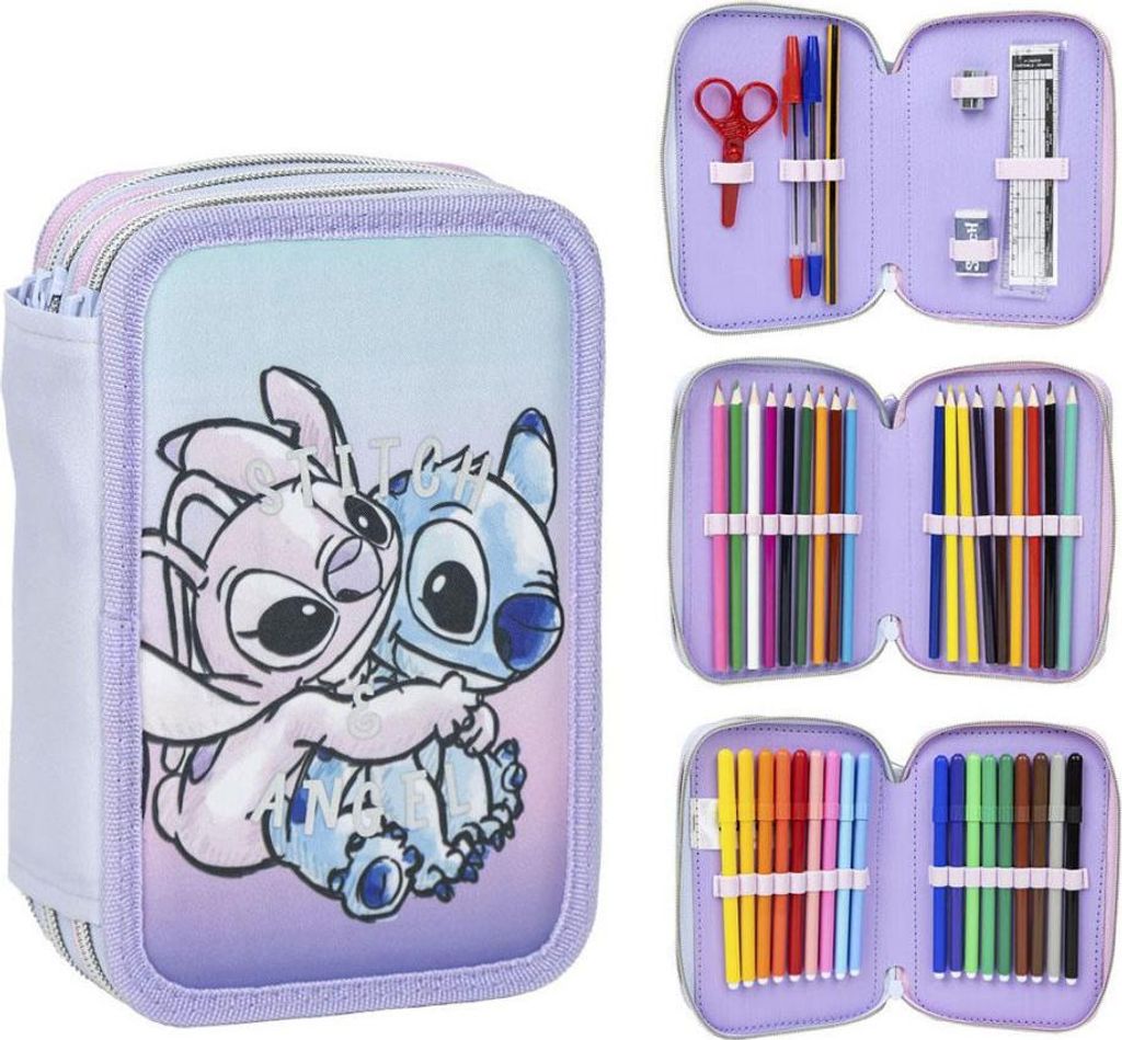 A collage of a Disney Stitch triple pencil case, showing the exterior and interior compartments filled with stationery.
