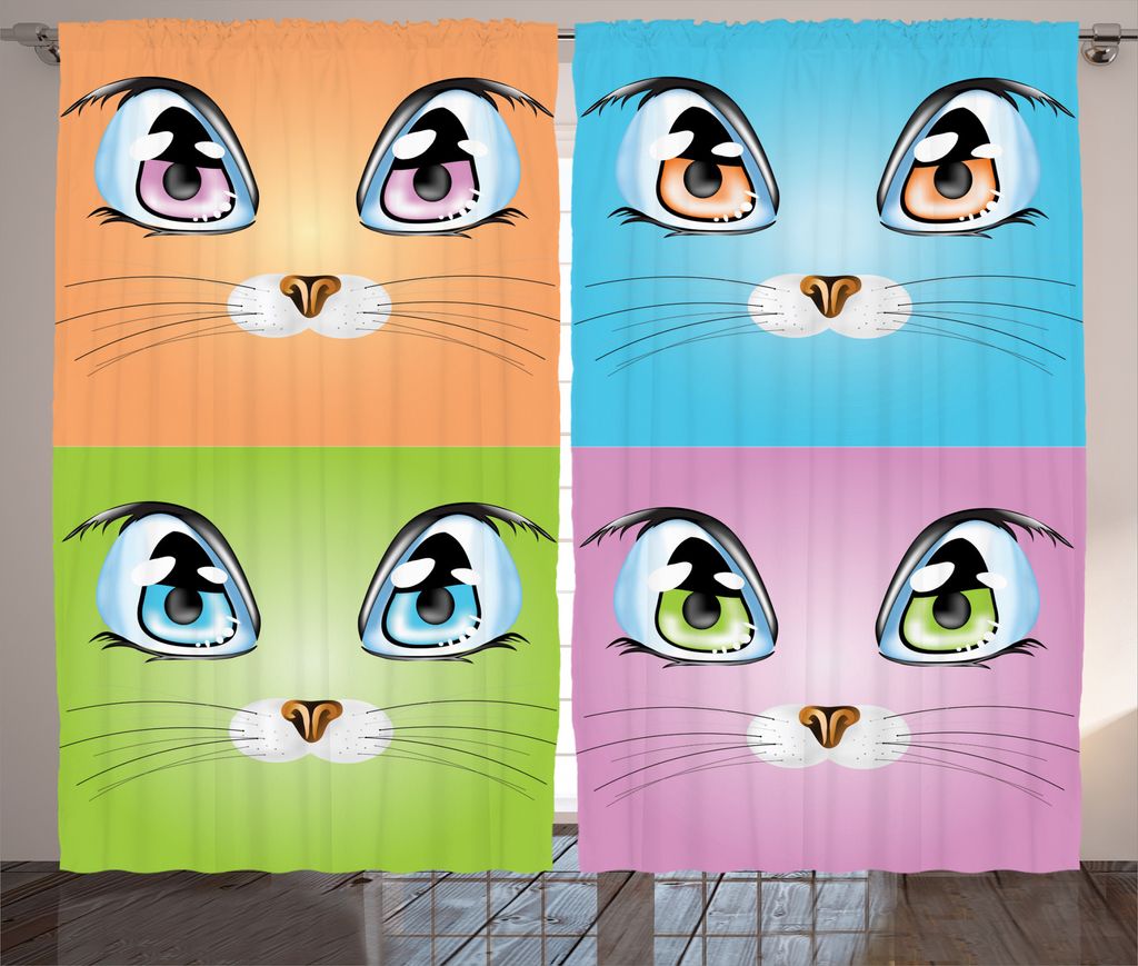 ABAKUHAUS Katze Rustikaler Gardine, Buntes Tier Kitten, Schlafzimmer Kräuselband Vorhang mit Schlaufen und Haken, 280 x 175 cm, Lila Grün