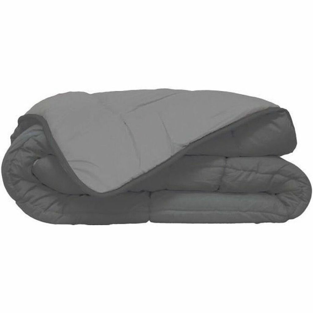 A folded gray comforter is shown against a white background.