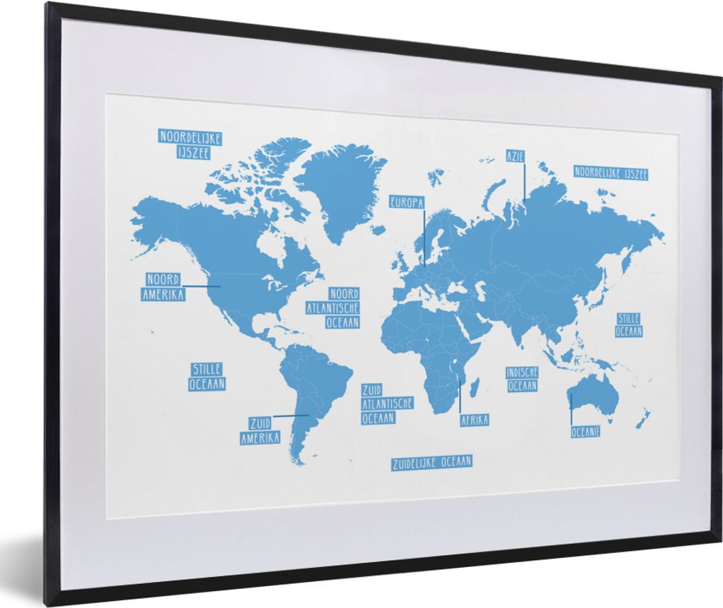 MuchoWow MuchoWow Gerahmtes Poster Weltkarte - Blau - Einfach 60x40 cm - Poster mit zchwarzem Bilderrahmen - Schlafzimmer - Plakat in Rahmen - ...