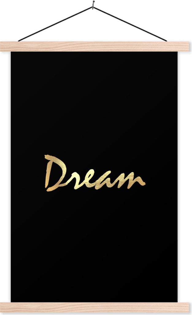 MuchoWow Textilposter Zitat - Traum - Schwarz - Gold 60x90 cm mit holzfarbenen Rahmen - Textil
