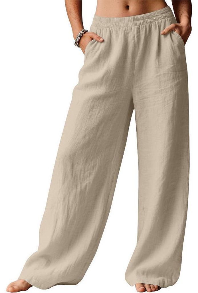 ASKSA Damen Sommer Hose Casual Strandhose Weite Bein Freizeithose Elegant Einfarbig Sommerhose Leichte Leinen Stoffhose mit Taschen (Beige,M)