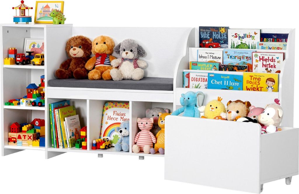 Kinderregal mit Sitzbank - Spielzeugregal - Mit Rückenlehne - Integriertes Bücherregal - Mit Spielzeugkiste - 170 x 40 x 80 cm - Weiß