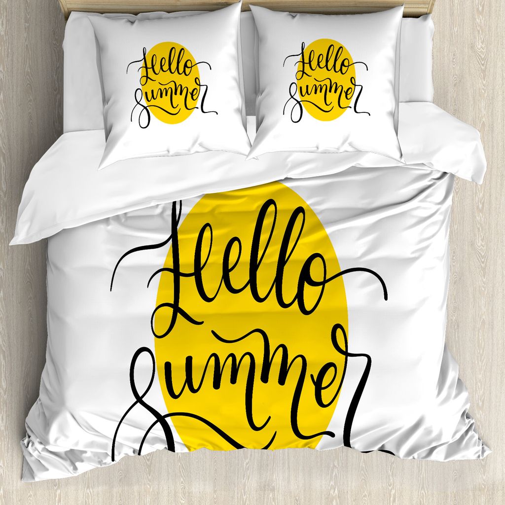 ABAKUHAUS Hallo Sommer Bettbezug, Buchstaben auf Gelb, Milbensicher Allergiker geeignet mit Kissenbezügen, 200 cm x 200 cm - 80 x 80 cm, Mustard S...