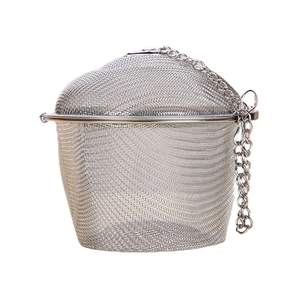 A silver mesh tea infuser with a chain is shown against a white background.