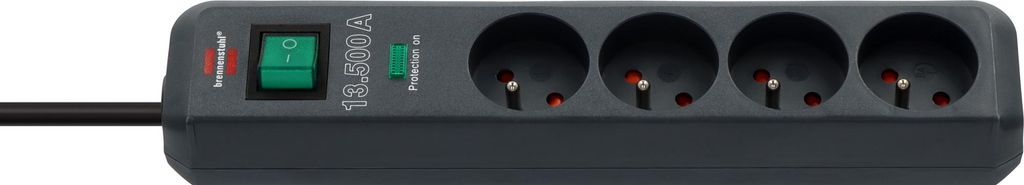 A close-up shot of a black power strip with four outlets, a green power switch, and some text and logos visible.