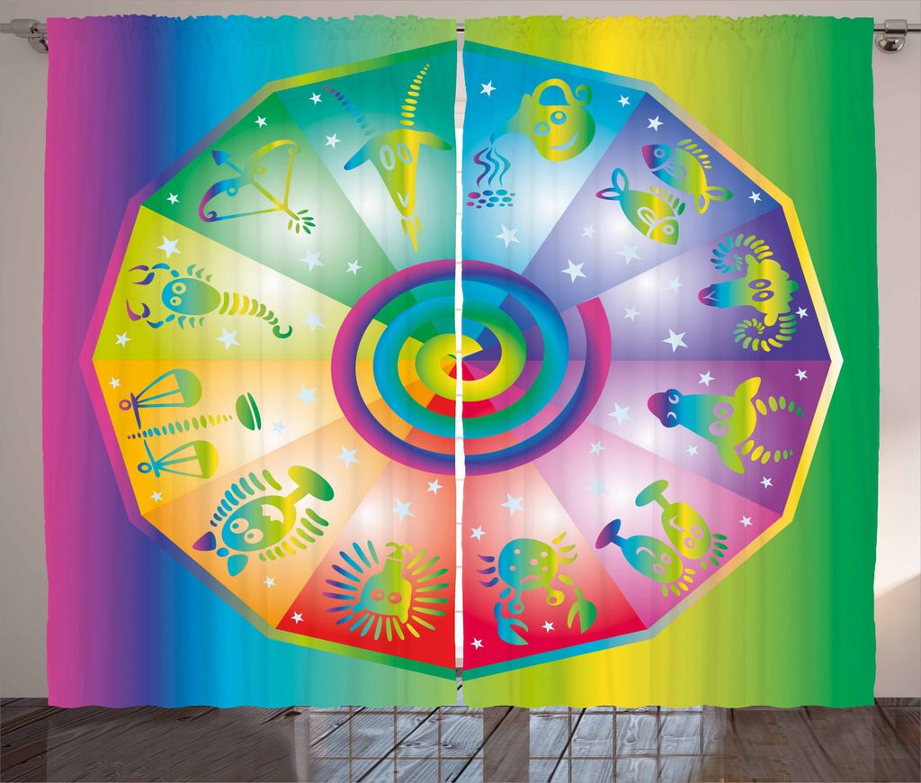 ABAKUHAUS Astrologie Rustikaler Vorhang, Hippie-Stil Zodiac, Wohnzimmer Universalband Gardinen mit Schlaufen und Haken, 280 x 245 cm, Mehrfarbig