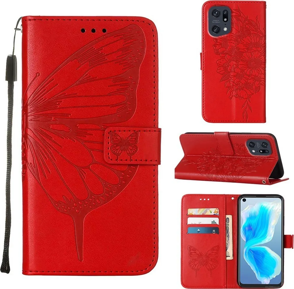 Custodia Portafoglio OPPO Find X5 Pro Rossa - Protezione Farfalla Stand