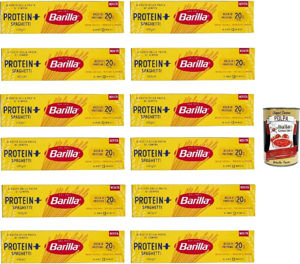 Barilla Protein+ Spaghetti 400gr, Pasta reich an pflanzlichem Protein, 12x 400 g + Italian Gourmet polpa 400gr