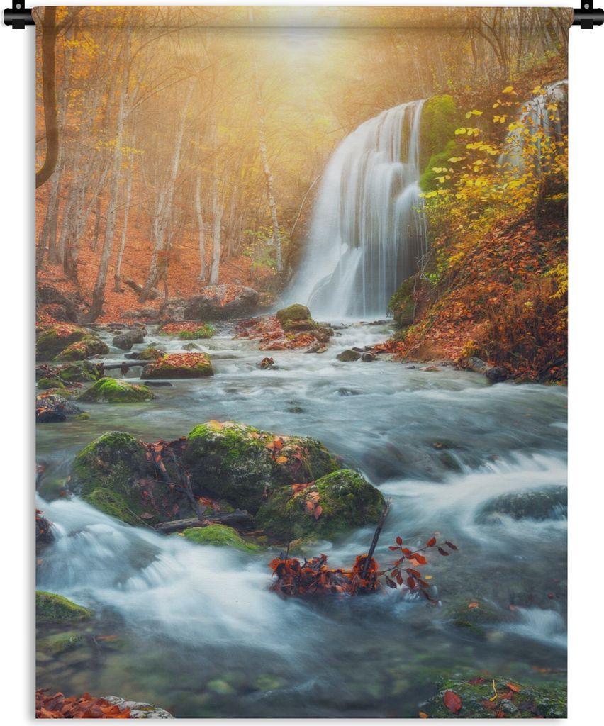 MuchoWow Wandteppich Wandbehang Wasserfall - Sonne - Herbst 60x80 cm Tapisserie Dekoration Wandtuch - Decke - Wandtücher - Wohne