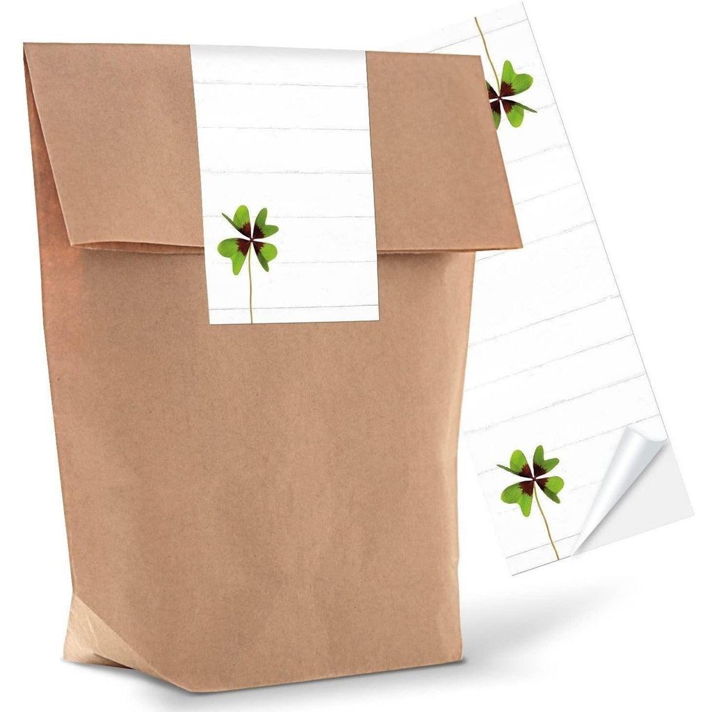 25 kleine braune natur Geschenktüten Papier-Tüten + beschreibbare Aufkleber WEISS KLEEBLATT Glücksbringer 14 x 22 x 5,6 cm Verpackung Geschenk H...