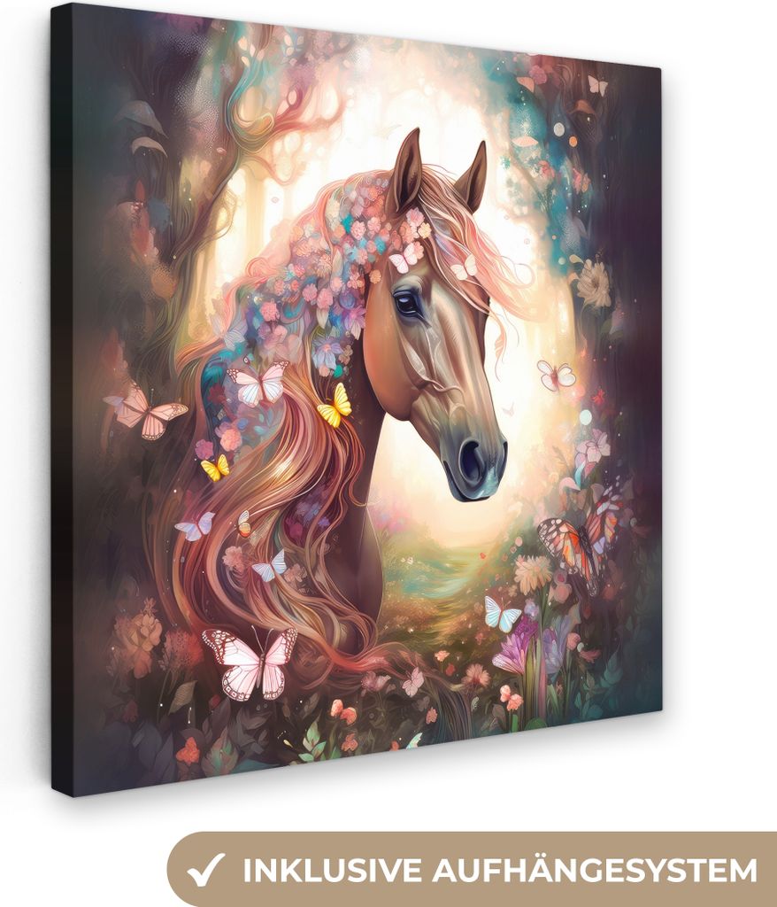 MuchoWow - Leinwandbilder - Pferd - Natur - Blumen - Schmetterlinge - Wald, Wandbild, Wanddeko Bilder Wohnzimmer, 50x50 cm
