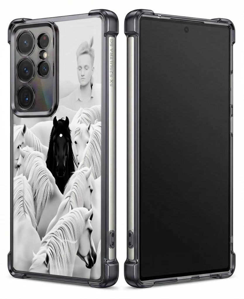 Personalisierte Hülle mit Bild für Samsung Galaxy S23 Elektroplattiert TPU Stoßdämpfer Handyhülle mit Schwarzes Pferd unter weißen Pferden