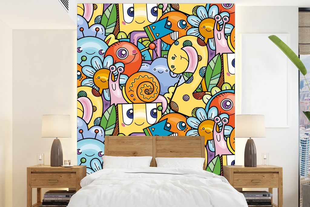 MuchoWow Fototapete für Wohnzimmer oder Schlafzimmer Wandtapete Vinyl Motivtapete Design - Tiere - Blumen - Lustig - Junge - Mädchen - 205x280 ...
