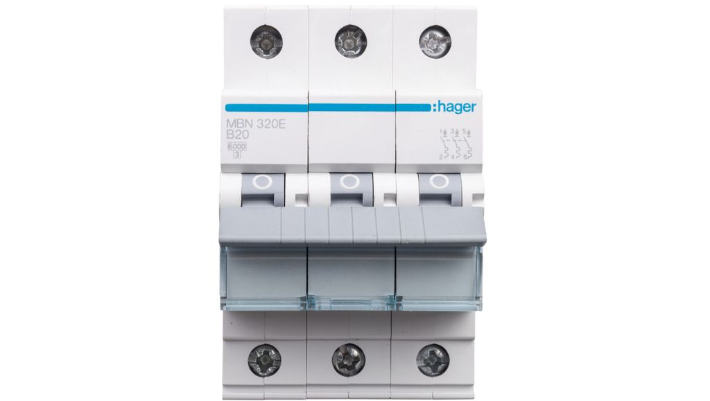 A close-up, front-facing studio shot of a three-pole circuit breaker.
