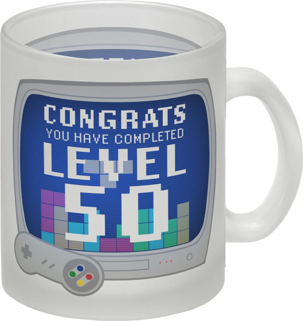 Witziger Glas Tasse für den 50. Geburtstag mit Motiv: Gamer