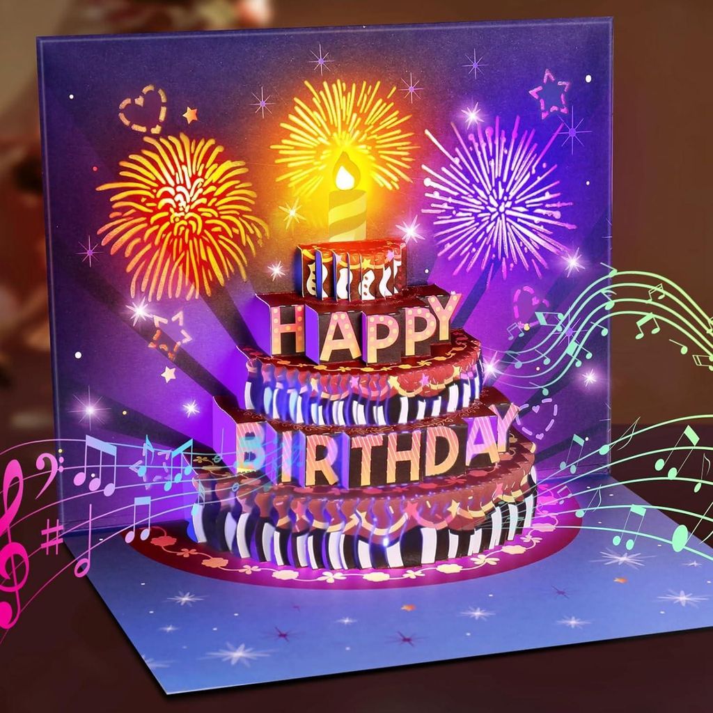 Happy Birthday Geburtstagskarte Pop Up Kuchen Geburtstagskarten mit Musik und Licht 3D Feuerwerk Karte Geburtstag Geschenke für Frau Männer Freundin