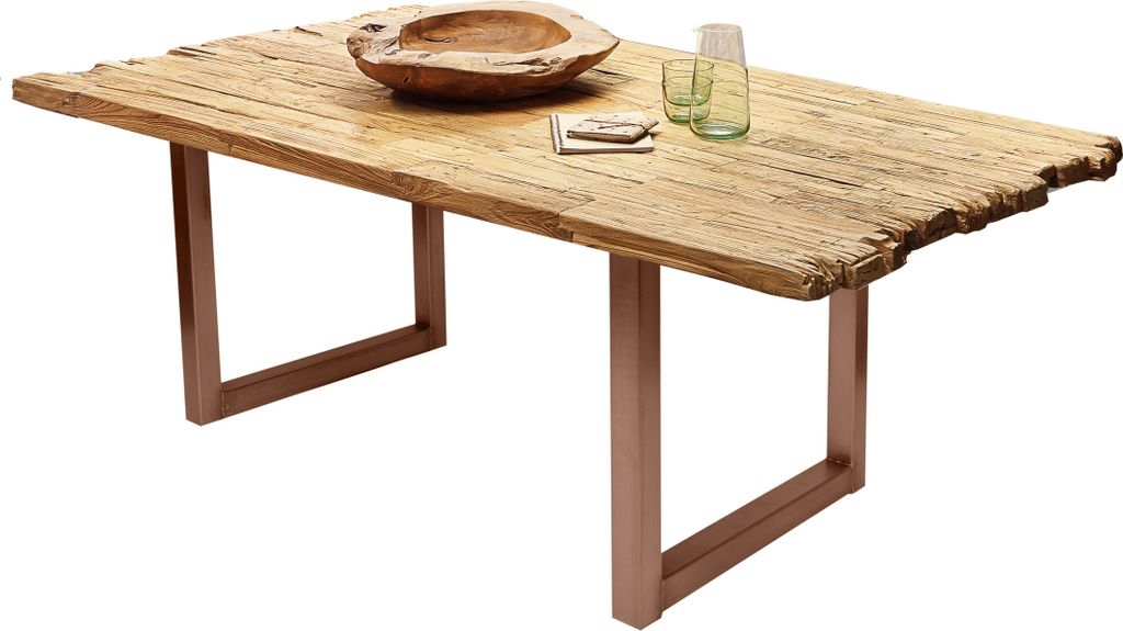 TPFLiving Tisch 200x100 cm Platte recyceltes Teak, Gestell Metall Platte natur, Gestell antikbraun