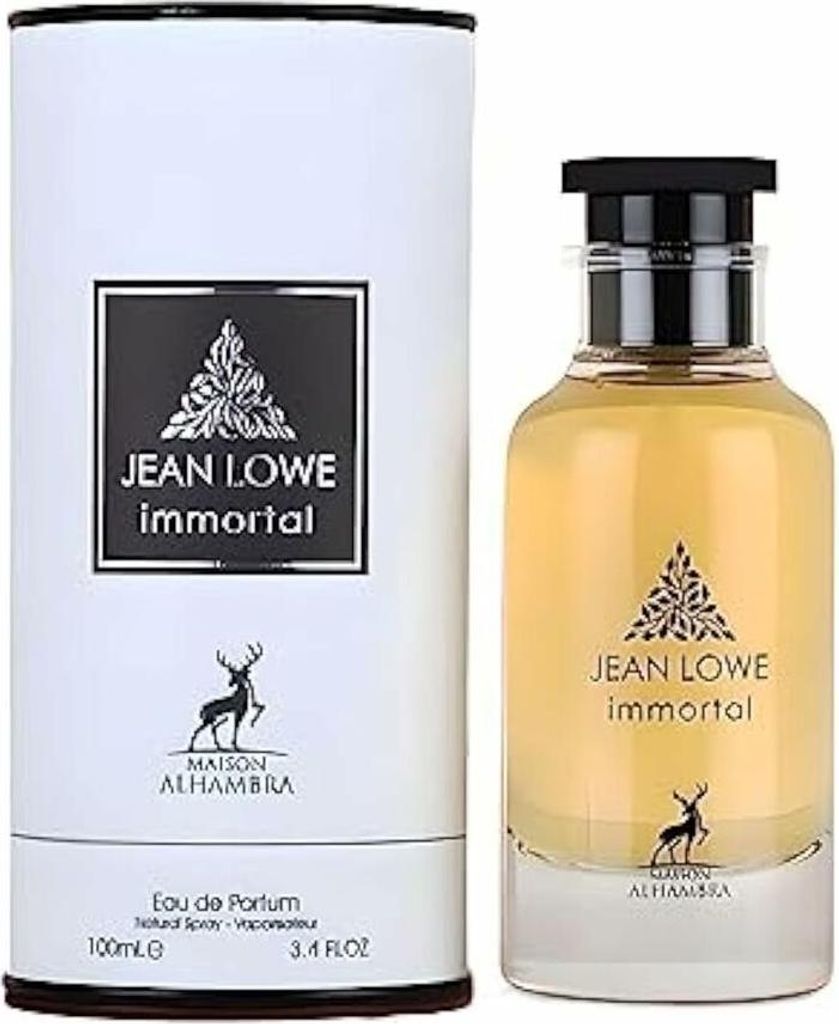 A bottle of Jean Lowe Immortal perfume and its packaging are displayed against a white background.