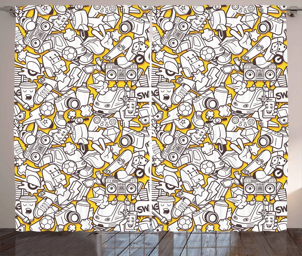 ABAKUHAUS Tenda rustica stravagante, graffiti moderni in stile urbano, tenda con passanti e ganci per camera da letto, 280 x 175 cm, giallo e marrone