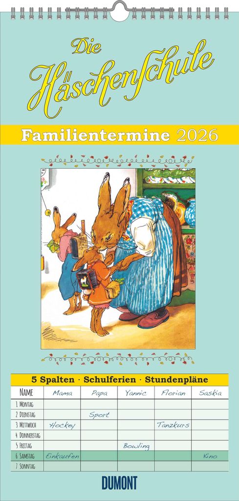Familienplaner Häschenschule 2026 - Familien-Timer 22x45 cm - mit Ferienterminen - 5 Spalten - Wand-Planer