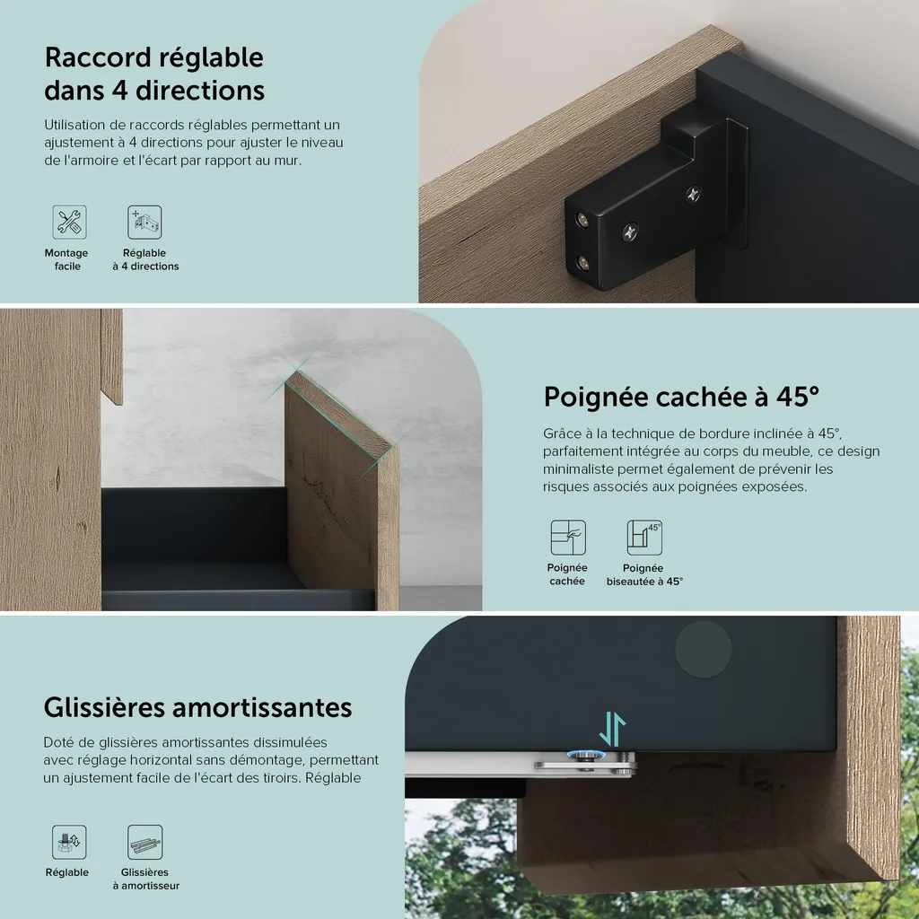 Meuble Vasque 100cm Solid Surface Gris Noir et Finition Chêne Clair