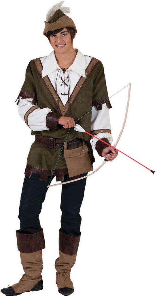 A young man dressed in a Robin Hood-style costume, holding a bow and arrow.