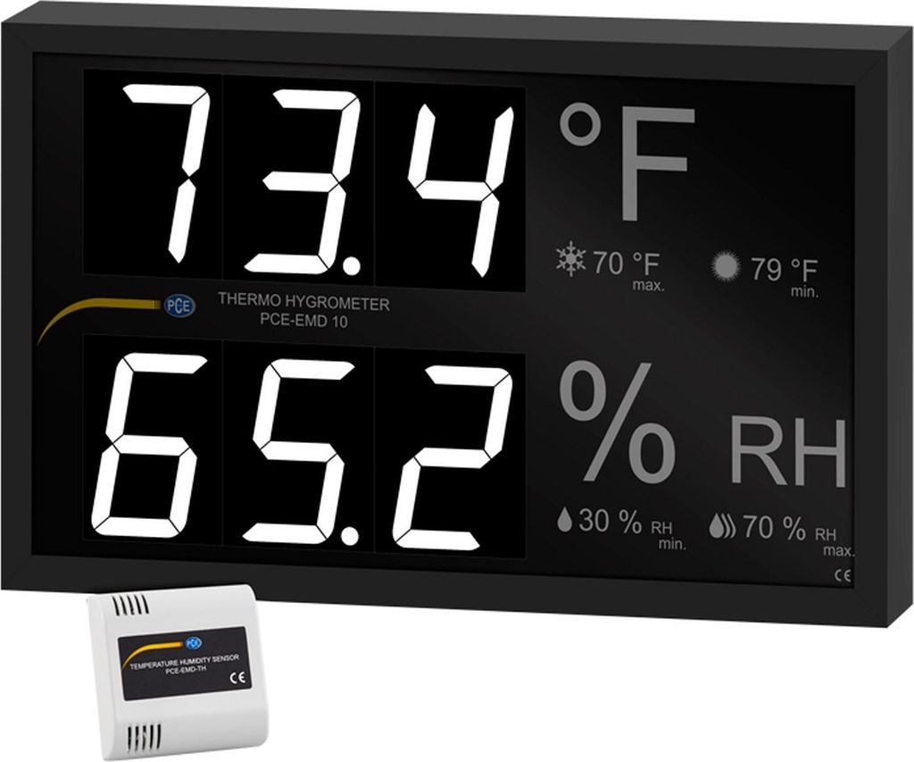 PCE Instruments PCE-EMD 10 Thermo Hygrometer 32,0..122,0 °F|0,0..99,9 % r.F.|Großanzeige|Anschluss bis 4 ext. Sensoren